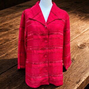 Coldwater Creek Red Crinkle Button-Up Top Lightweight Textured Stripe (Sz M)